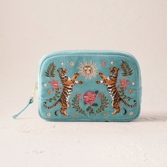 Elizabeth Scarlett Celestial Tigers Velvet Cosmetic Bag - Dusky Teal