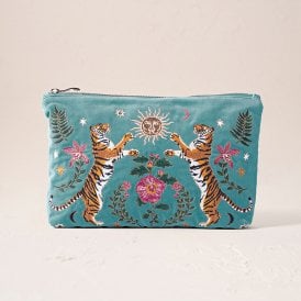 Celestial Tigers Velvet Everyday Pouch - Dusky Teal