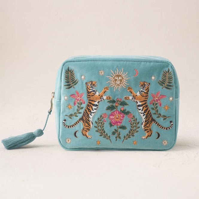 Elizabeth Scarlett Celestial Tigers Velvet Wash Bag - Dusky Teal