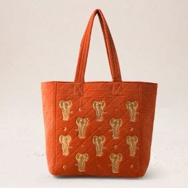 Golden Elephants Quilted Velvet Tote - Rust