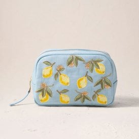Lemon Blossom Cotton Makeup Bag - French Blue