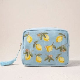 Lemon Blossom Cotton Washbag - French Blue