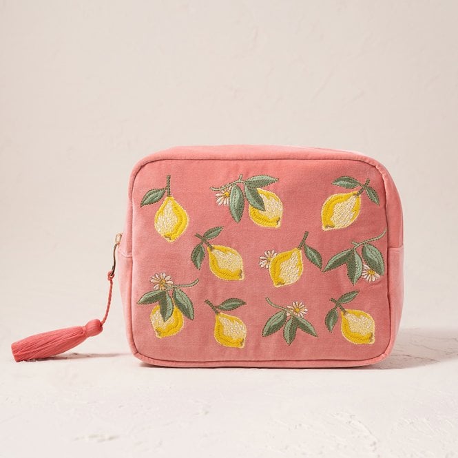 Elizabeth Scarlett Lemon Blossom Velvet Wash Bag - Coral