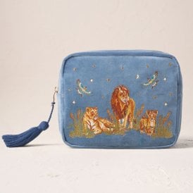 Lion Pride Velvet Wash Bag - Dusky Blue
