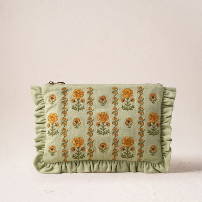 Elizabeth Scarlett Marigolds Cotton Frill Everyday Pouch - Celadon Green
