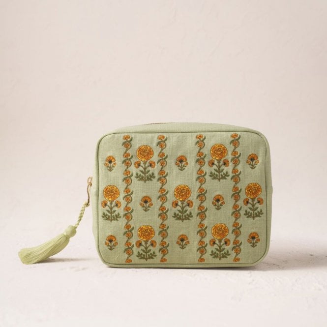 Elizabeth Scarlett Marigolds Cotton Wash Bag - Celadon Green