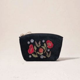 Poppy Meadow Velvet Coin Purse - Charcoal