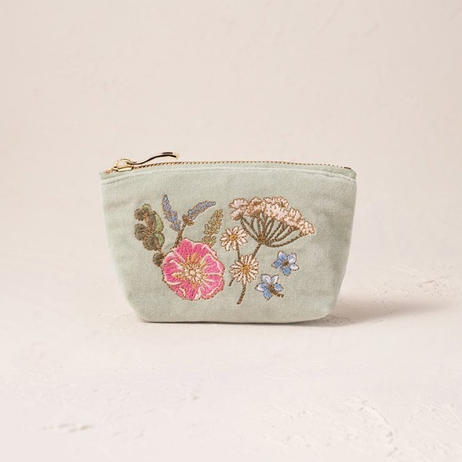 Elizabeth Scarlett Pressed Flowers Velvet Coin Purse - Sage