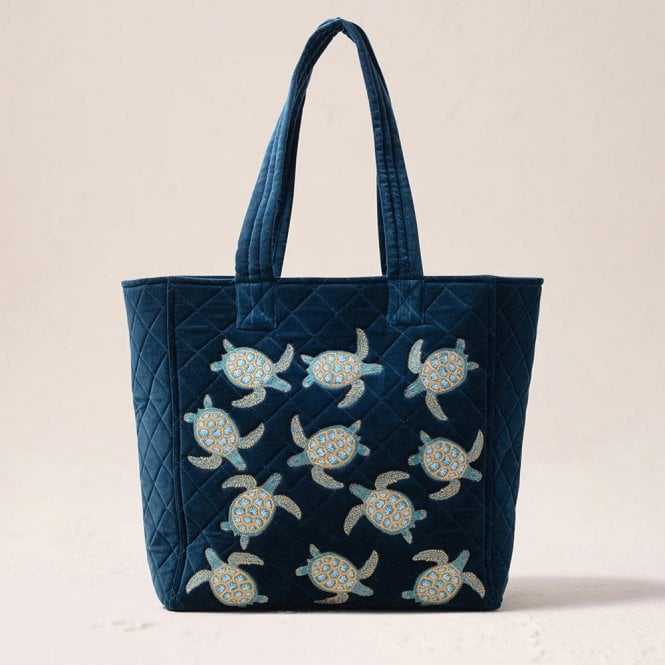 Elizabeth Scarlett Turtle Conservation Quilted Velvet Tote - Marine Navy