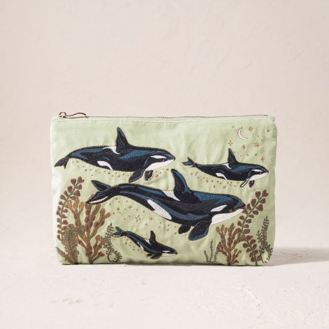 Elizabeth Scarlett Wild Orcas Velvet Everyday Pouch - Celadon
