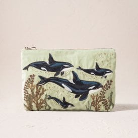 Wild Orcas Velvet Everyday Pouch - Celadon