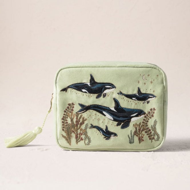 Elizabeth Scarlett Wild Orcas Velvet Wash Bag - Celadon