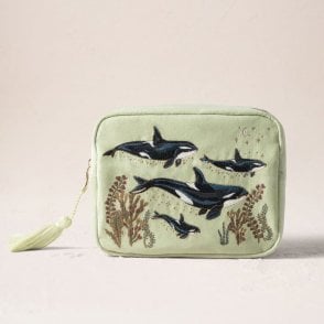 Wild Orcas Velvet Wash Bag - Celadon