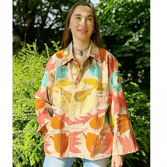 Essential Designs London Beige Floral Suzani Hand Embroidered Short Jacket