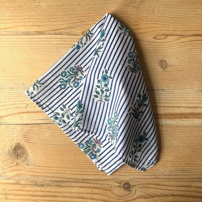 Essential Designs London Blue Stripe Floral Cotton Napkin
