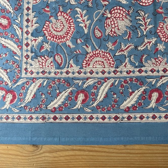 Essential Designs London Blue with White & Pink Flowers Cotton Tablecloth