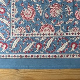 Blue with White & Pink Flowers Cotton Tablecloth