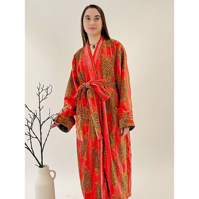 Essential Designs London Cheetah Orange Velvet Long Robe