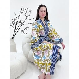 Cheetah White with Blue Stripe Cotton Long Kimono