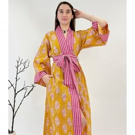 Cheetah Yellow & Pink Cotton Long Kimono
