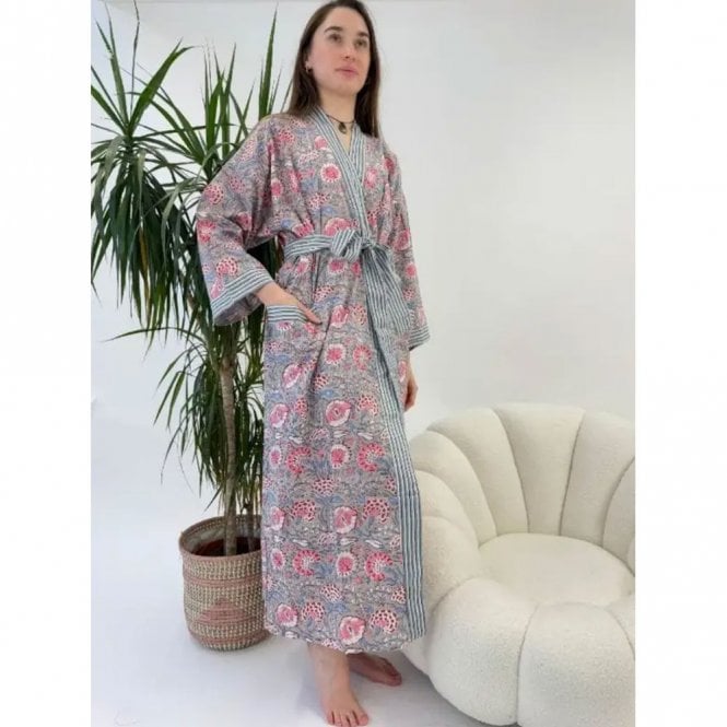 Essential Designs London Floral Hand Block Print Cotton Long Kimono