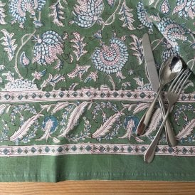 Green with Pink & White Flowers Cotton Tablecloth