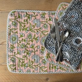 Grey & Peach Floral Quilted Reversible Tablemat