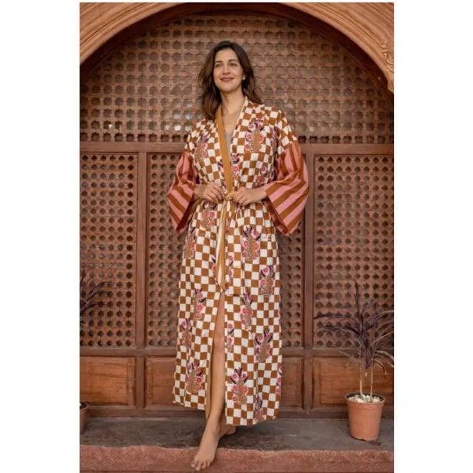 Essential Designs London Orange Tropical Floral Check Cotton Long Kimono