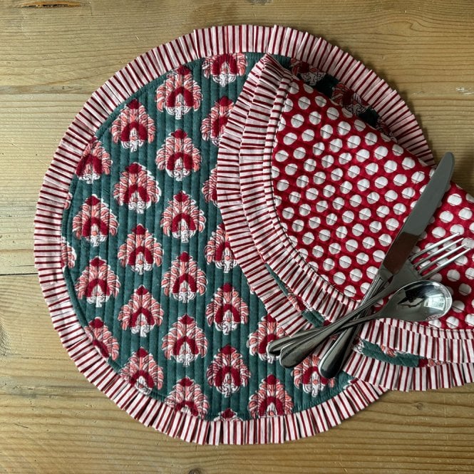 Essential Designs London Red Dot & Teal Floral Round Quilted Reversible Tablemat