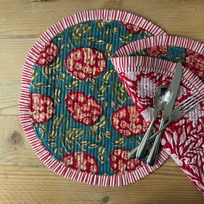 Essential Designs London Red Floral Round Quilted Reversible Tablemat
