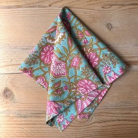 Turquoise with Pink Flowers Cotton Napkin