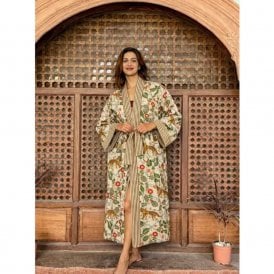 White Tiger Tropical Jungle Cotton Long Kimono