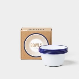 Enamel Set of 4 12cm Bowls White with Blue Rim