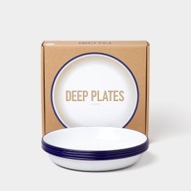 Enamel Set of 4 Deep Plates White with Blue Rim