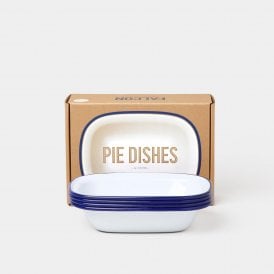 Enamel Set of 4 Pie Dishes White with Blue Rim