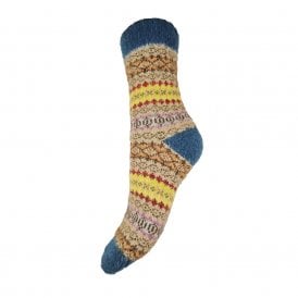 Blue, Beige & Yellow Fairisle Wool Blend Socks
