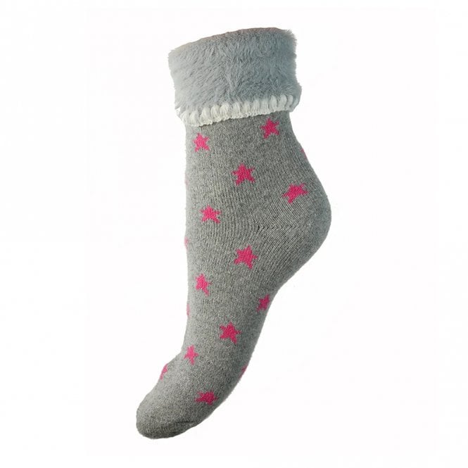 Gemjar Grey with Pink Stars Fluffy Cuff Socks