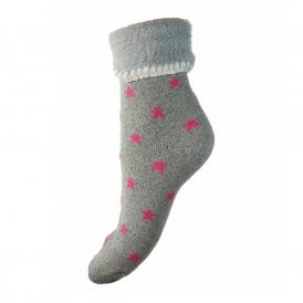 Grey with Pink Stars Fluffy Cuff Socks