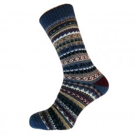 Men's Multi Blue Nordic Pattern Wool Blend Socks
