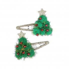 Fabric Christmas Tree Pom Pom Hairclips Pack of 2