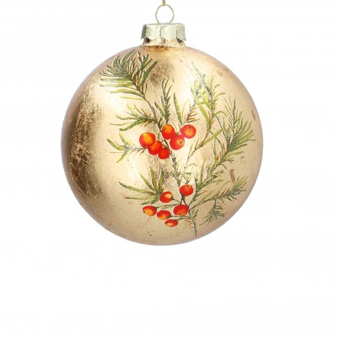 Gisela Graham Gold Leaf Fir Red Berries Glass Bauble