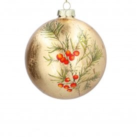 Gold Leaf Fir Red Berries Glass Bauble