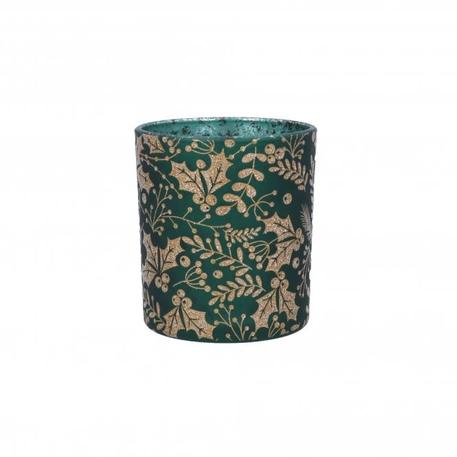 Gisela Graham Green and Gold Sprig Glass Tealight Holder