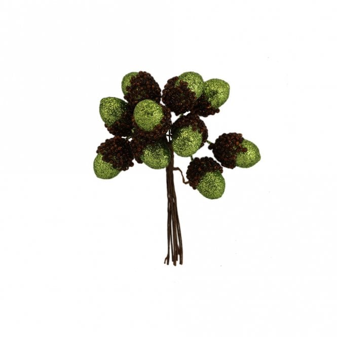 Gisela Graham Green Glitter Acorn Bunch Pick