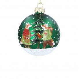 Green Plaid Foxes Glass Bauble