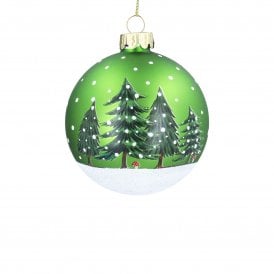 Green Woodland Snow Scene on Snowy Base Glass Bauble