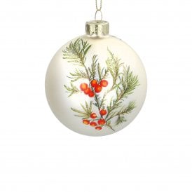 Matte Off White Fir Red Berries Glass Bauble