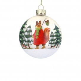 Pale Gold Plaid Squirrel on Snowy Base Glass Bauble
