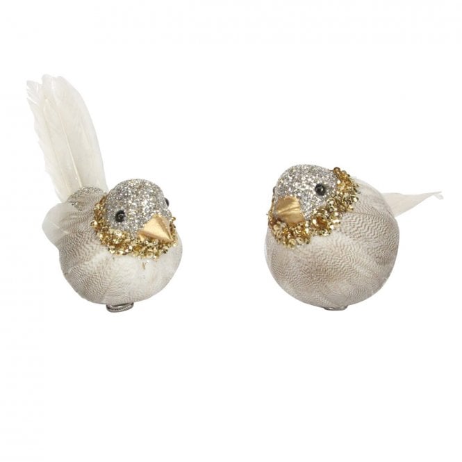 Gisela Graham Pale Gold & Silver Sparkle Feather Bird Clip Decoration
