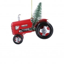 Red Tractor with Tree Metal Hanging Decoration